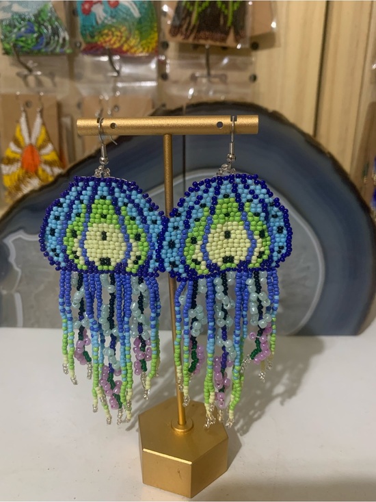Handmade Jewelry - Handmade Blue & Green Beaded Jellyfish Dangle Earrings